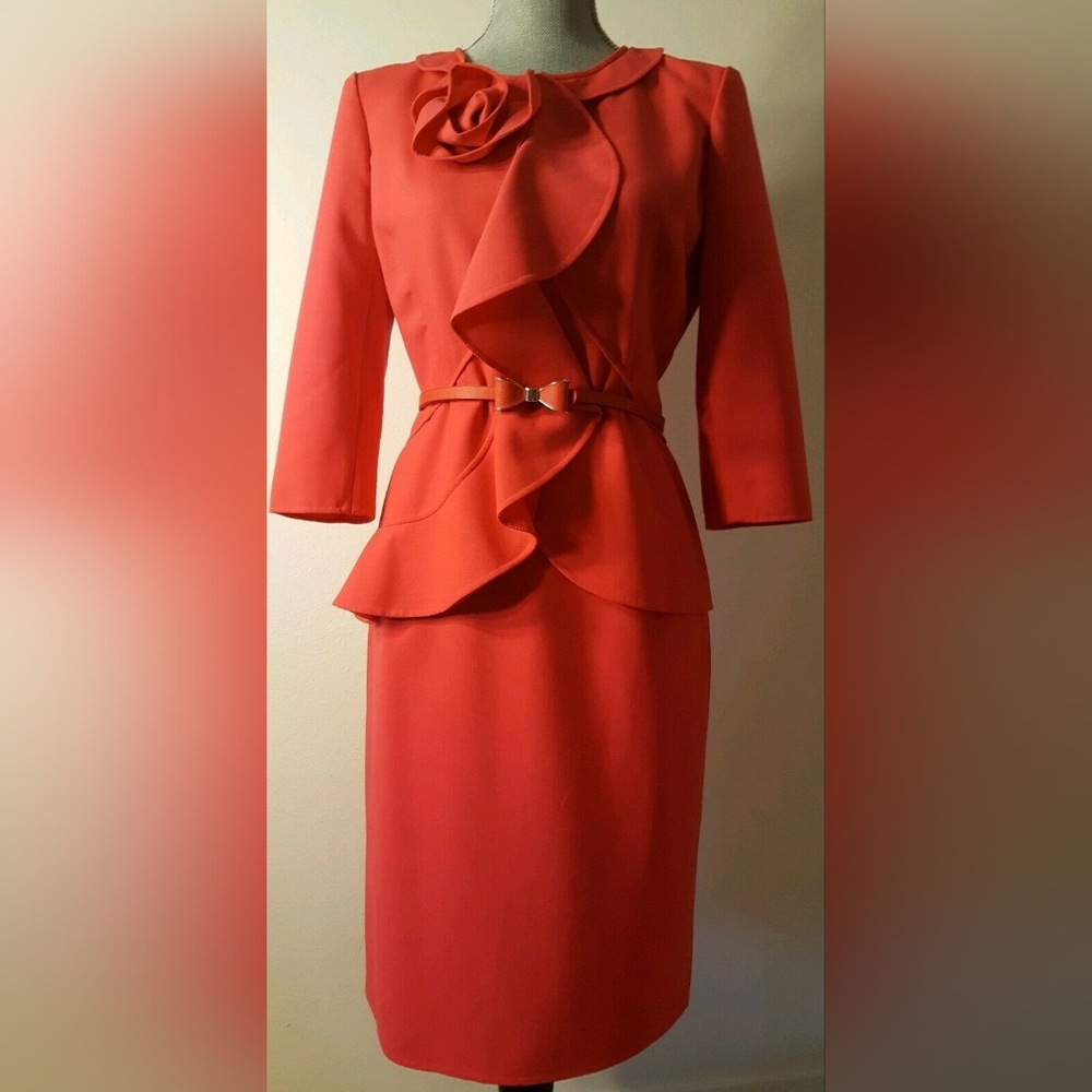 □$4,000 OSCAR DE LA RENTA BEAUTIFUL RUFFLE ROSE RED WOOL SKIRT SUIT US 6 - Picture 9 of 13